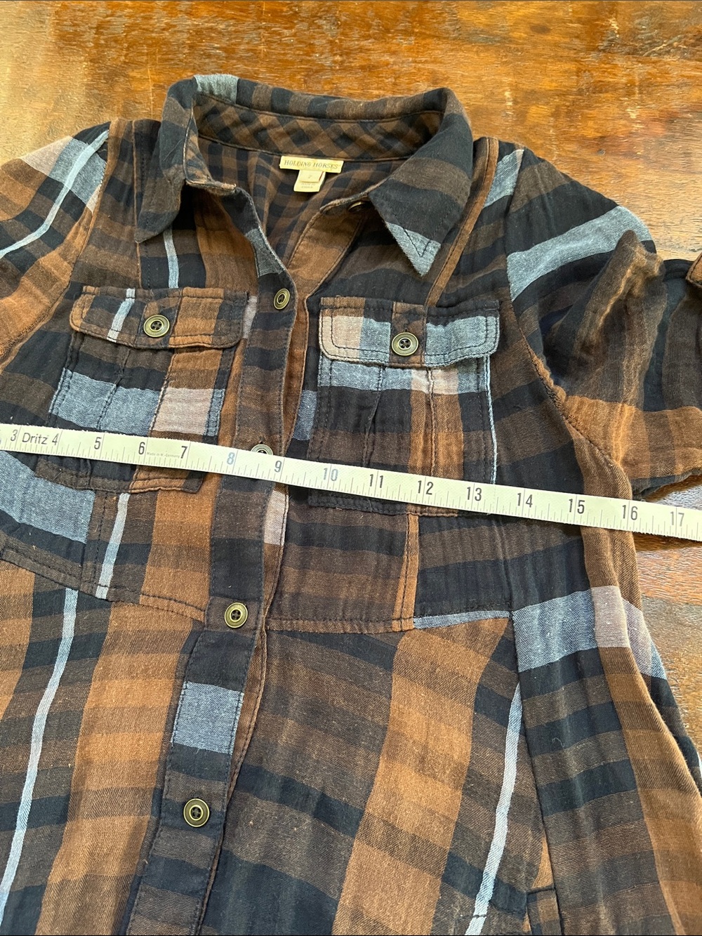 HOLDING HORSES Mixed Plaid Shirt Dress High-Low Handkerchief Hem Blue/Brown SZ 2 - Picture 12 of 15